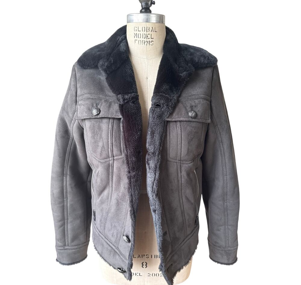 Express Men's Faux Fur Bomber Jacket in Gray Brown Size Small